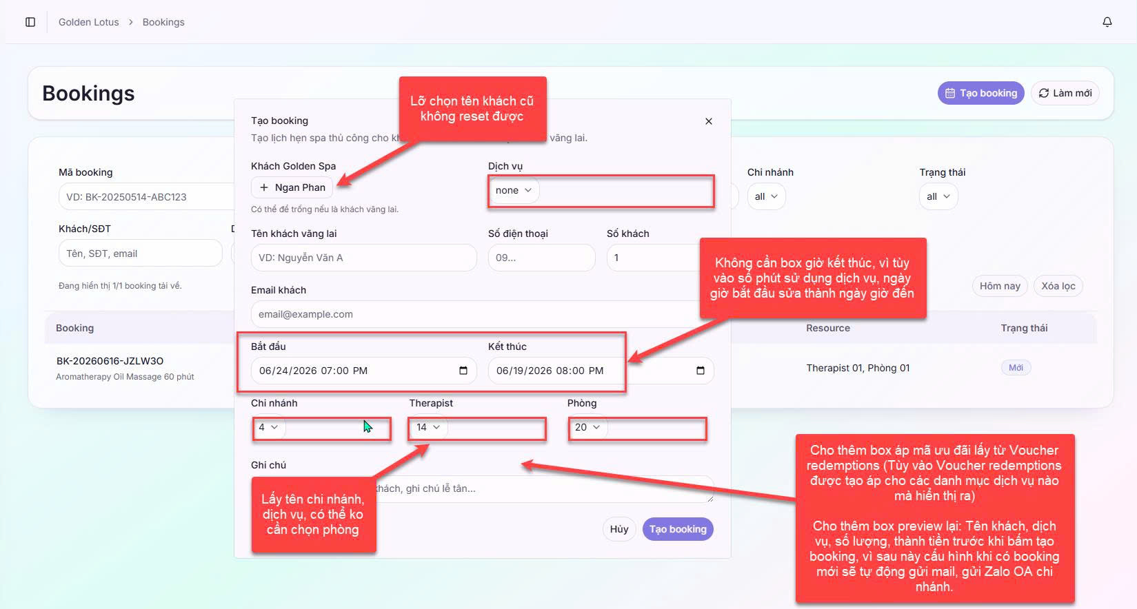 Form Tạo booking và Yêu cầu Chỉnh sửa