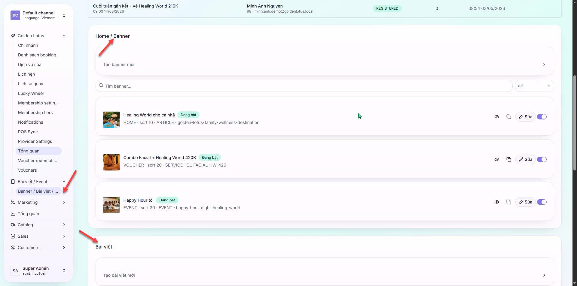 Giao diện Banner/Bài viết hiện tại trên Admin CMS